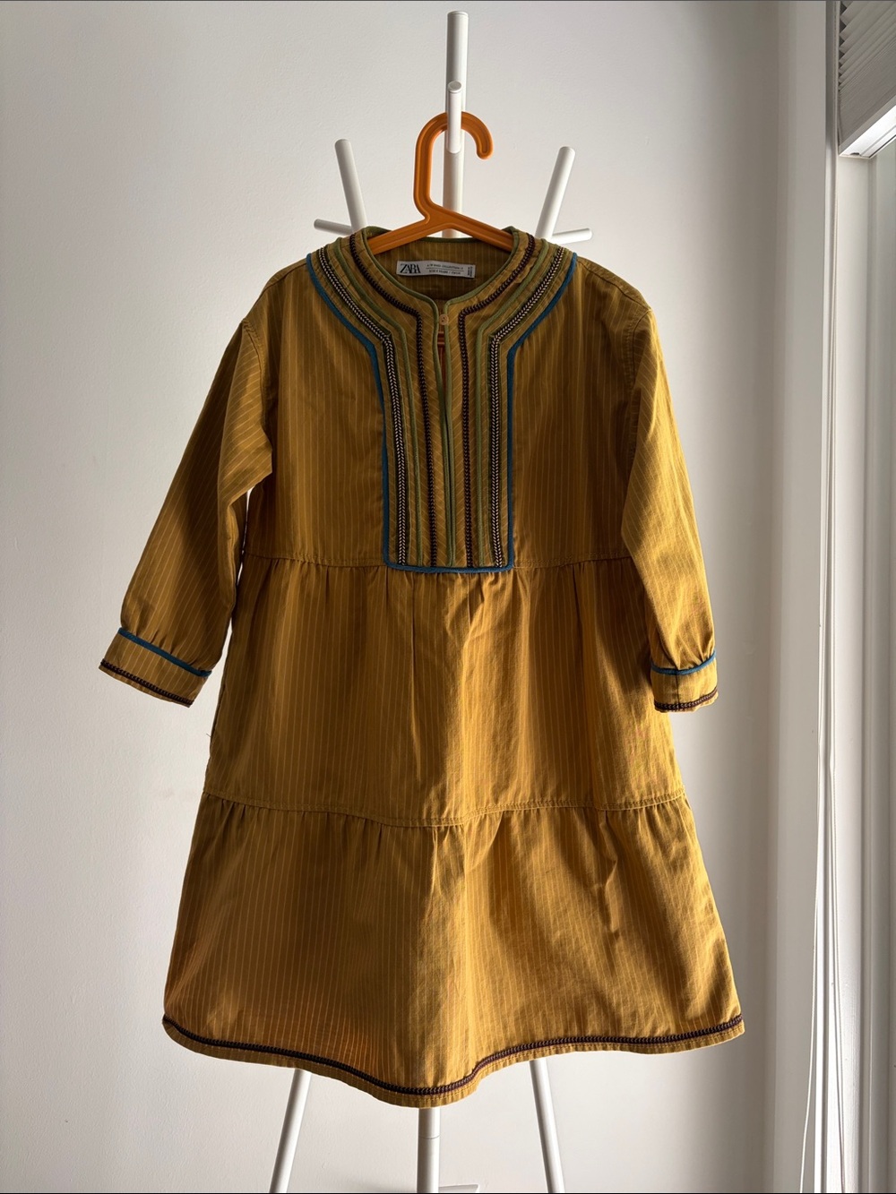 Zara Kids Mustard Embroidered Neckline Tiered Dress